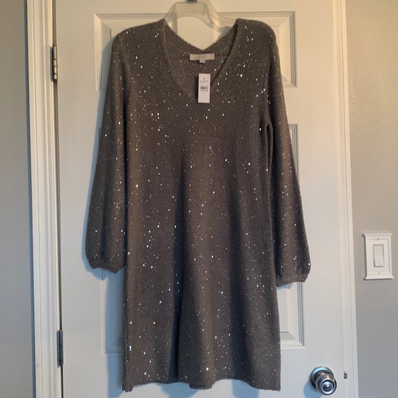 CLEARANCE Loft sweater dress gray silver sequin Small NWT - Picture 1 of 5